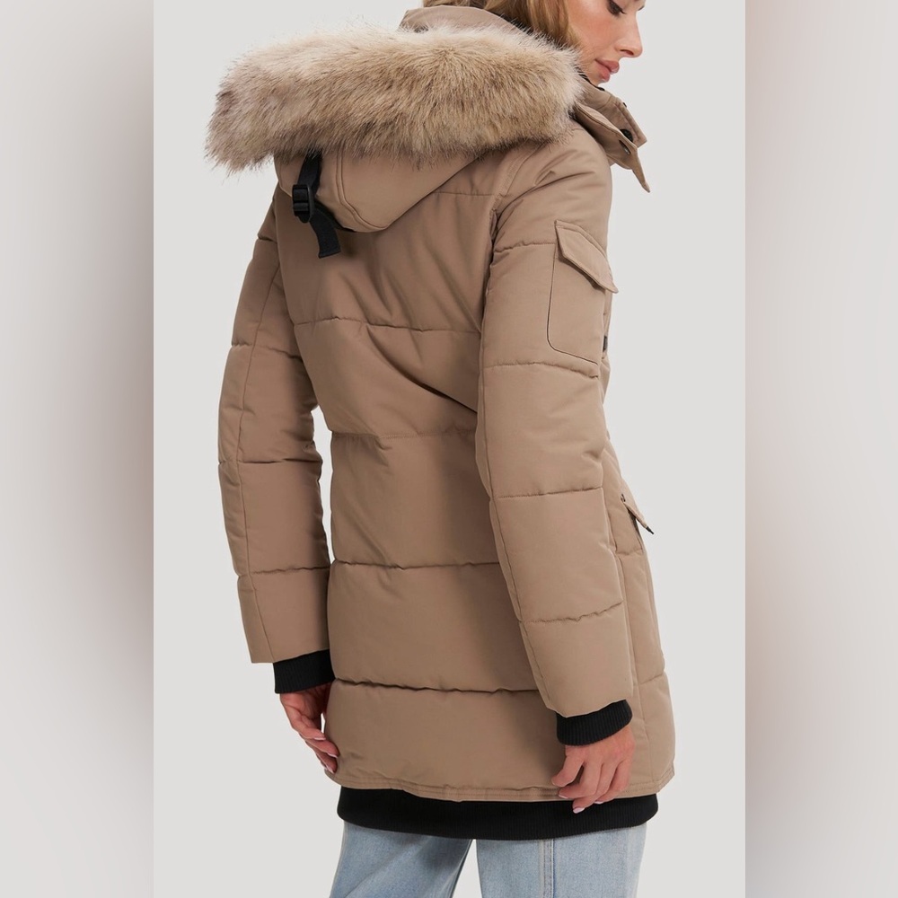Noize Astrid Heavyweight Faux Fur Trim Puffer Jacket Sand Large - Picture 3 of 5